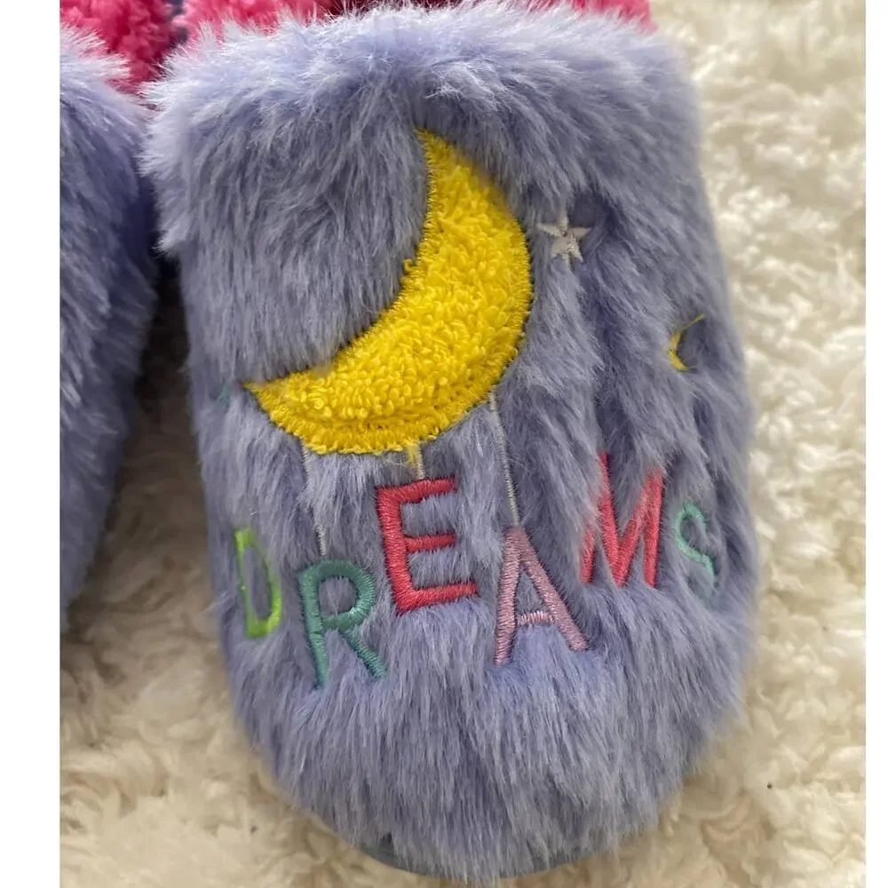 Wondernation Girls Purple Pink Fuzzy Warm Sweet Dream Slippers NEW Size 11-12